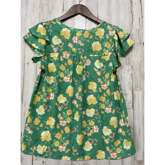 Pleione Blouse Womens Size Small Short Sleeve Green Floral - Picture 2 of 7